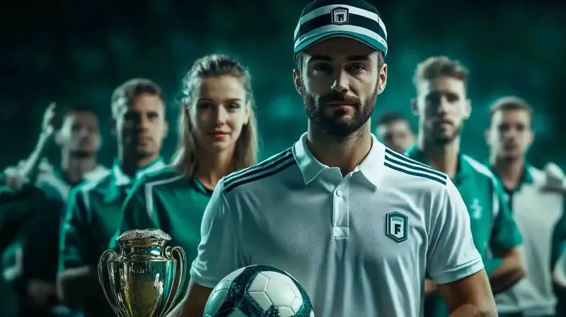 Time de uniformes brancos e verdes posando profissionalmente com trofeu e bola de futebol